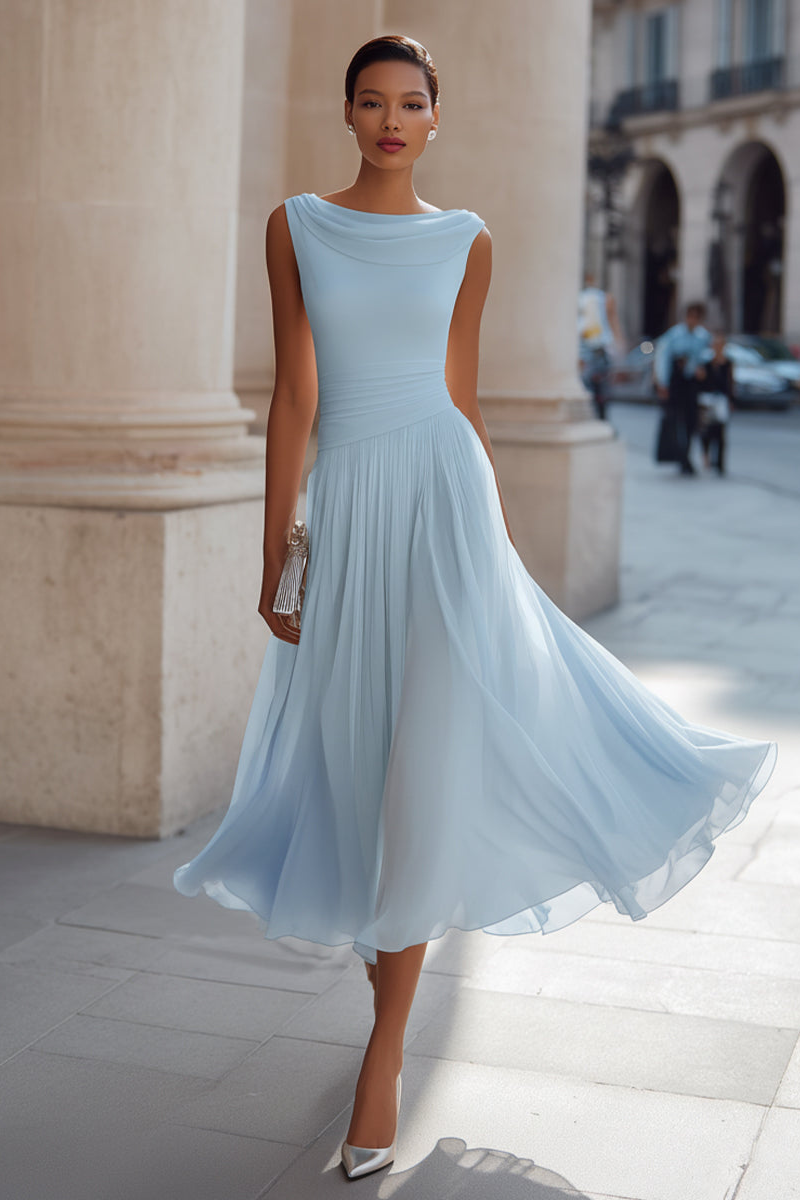 Simone™ Draped Neck Pleated Midi Dress