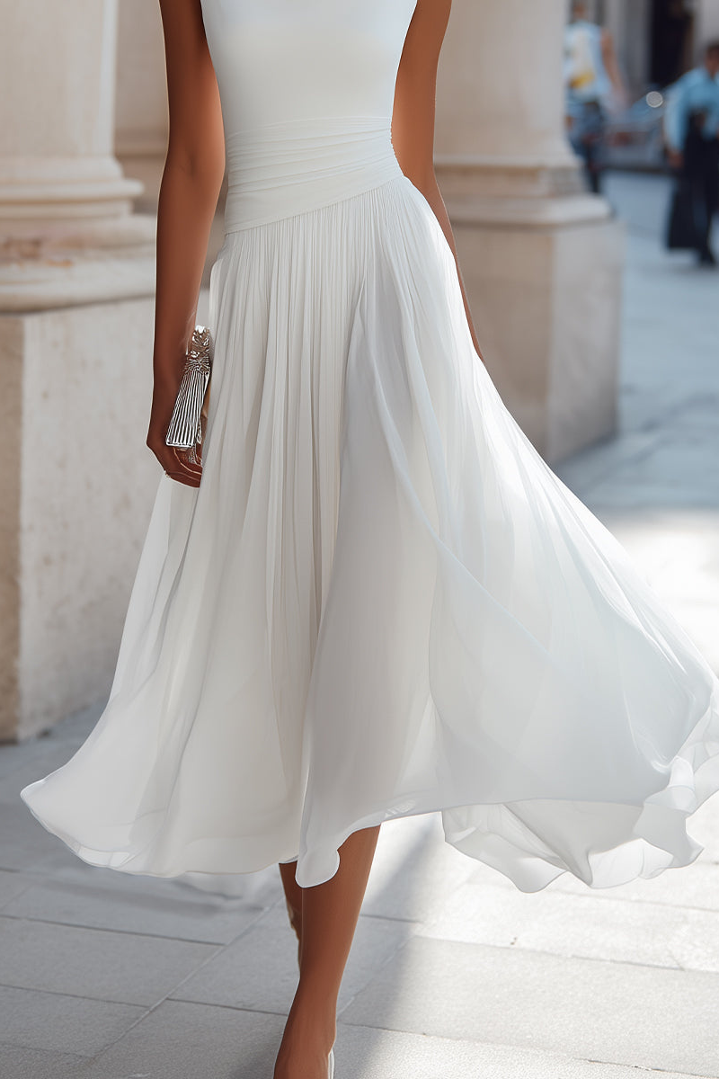 Simone™ Draped Neck Pleated Midi Dress
