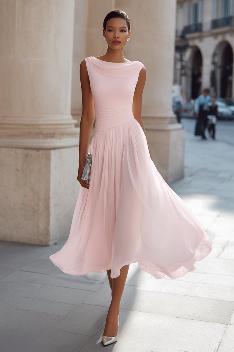 Simone™ Draped Neck Pleated Midi Dress